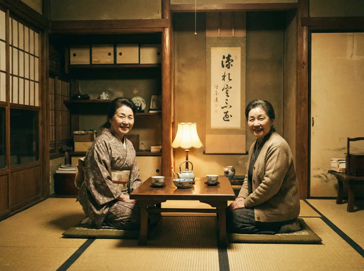两位优雅的 佐山爱 在日式茶室中品茶交谈